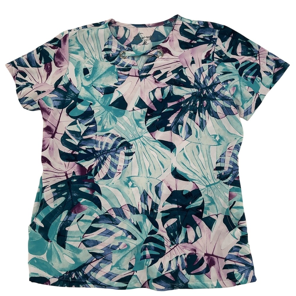 Butter-Soft Stretch Scrub Top Womens M Teal Purple Palm Leaf Tropical Grommet